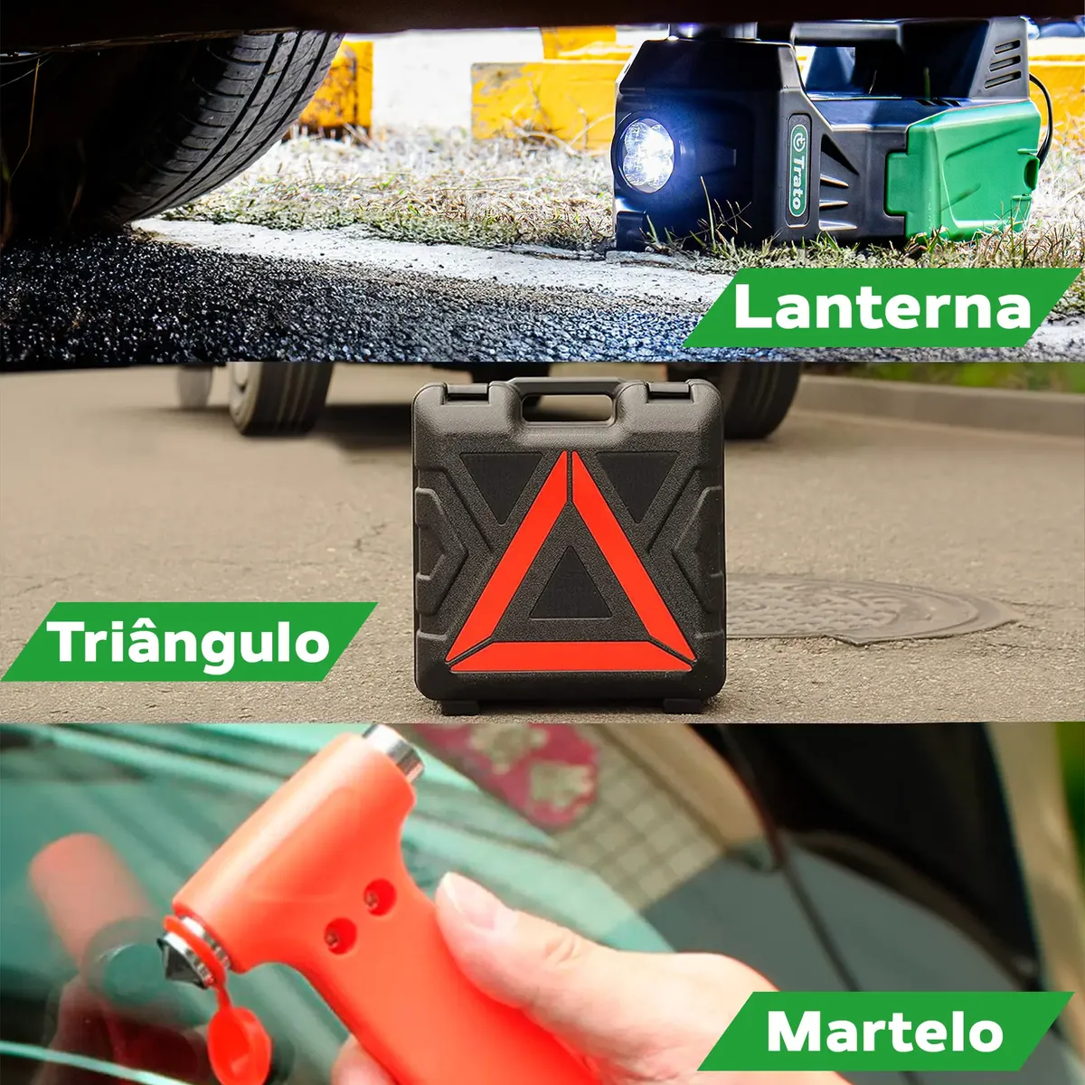 Lanterna, triângulo e martelo de segurança